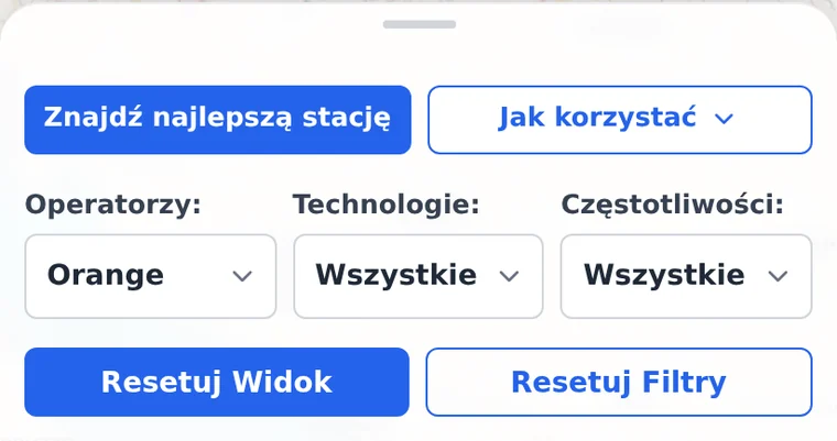 Panel filtrów na dole ekranu telefonu: listy Operatorzy, Technologie, Częstotliwości oraz przyciski Resetuj widok i Resetuj filtry