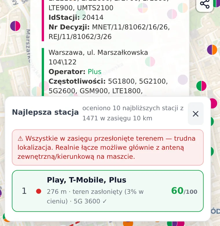 Panel Najlepsza stacja: lista najlepszych nadajników z punktacją 0-100, odległością i werdyktem terenu