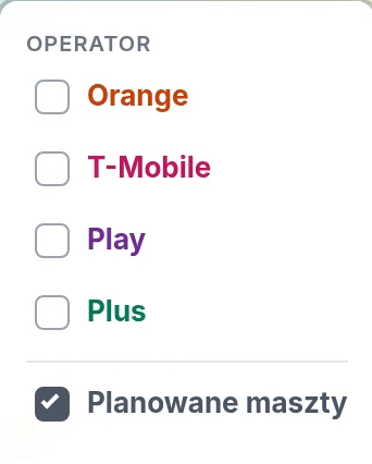 Sekcja Operator w panelu filtrów na komputerze: Orange, T-Mobile, Play, Plus i zaznaczone pole „Planowane maszty”